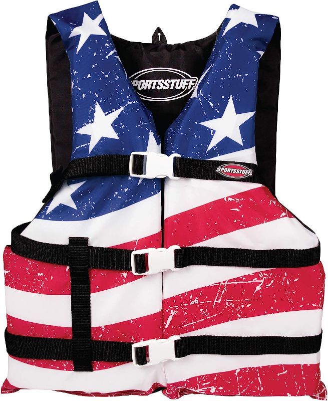 Photo 1 of SPORTSTUFF Stars and Stripes Life Jacket, US Coast Guard Approved, Type III, Adult, Child, Youth Sizes
