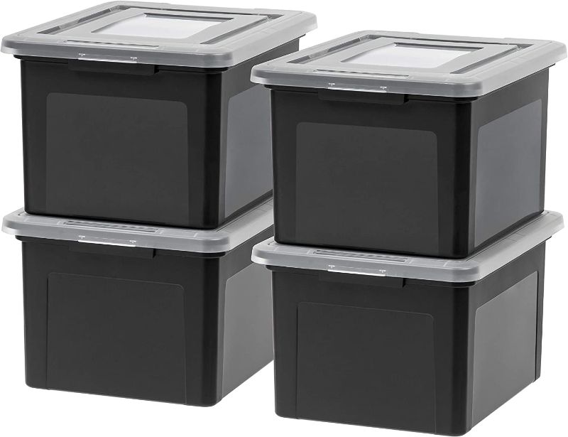 Photo 1 of *CRACKED*  IRIS USA Letter/Legal File Tote Box, 4 Pack, BPA-Free Plastic Storage Bin Tote Organizer with Durable and Secure Latching Lid, Stackable and Nestable, Black/Clear
