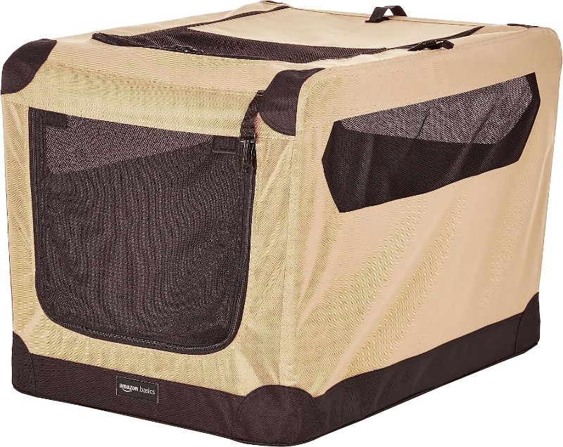 Photo 1 of Amazon Basics 2-Door Collapsible Soft-Sided Folding Soft Dog Travel Crate Kennel, Medium (21 x 21 x 30 Inches), Tan
