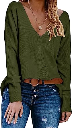 Photo 1 of Aoysky Womens Fashion V Neck Slouchy Solid Sweater Oversized Waffle Knit Pullover Jumper Casual Loose Tops
