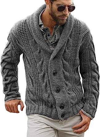 Photo 1 of Karlywindow Mens Cable Knit Cardigan Sweater Shawl Collar Loose Fit Long Sleeve Casual Cardigans
