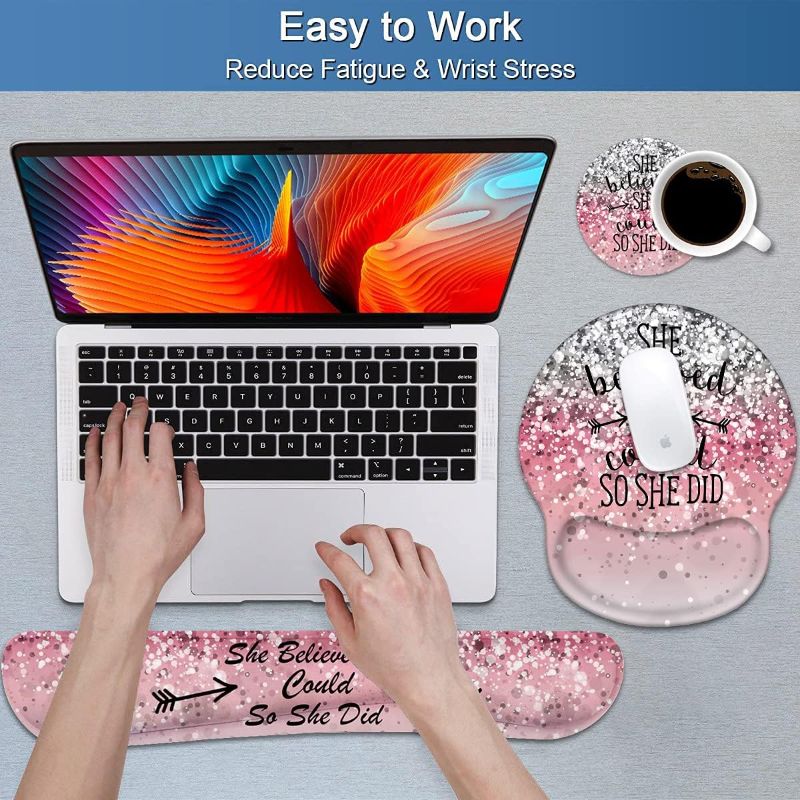 Photo 1 of Keyboard Wrist Rest and Mouse Pad Wrist Support Set with Coasters, She Believed She Could So She Did Inspirational Quote Wrist Mouse Pad with Non-Slip PU Base for Computer Laptop Home Office
