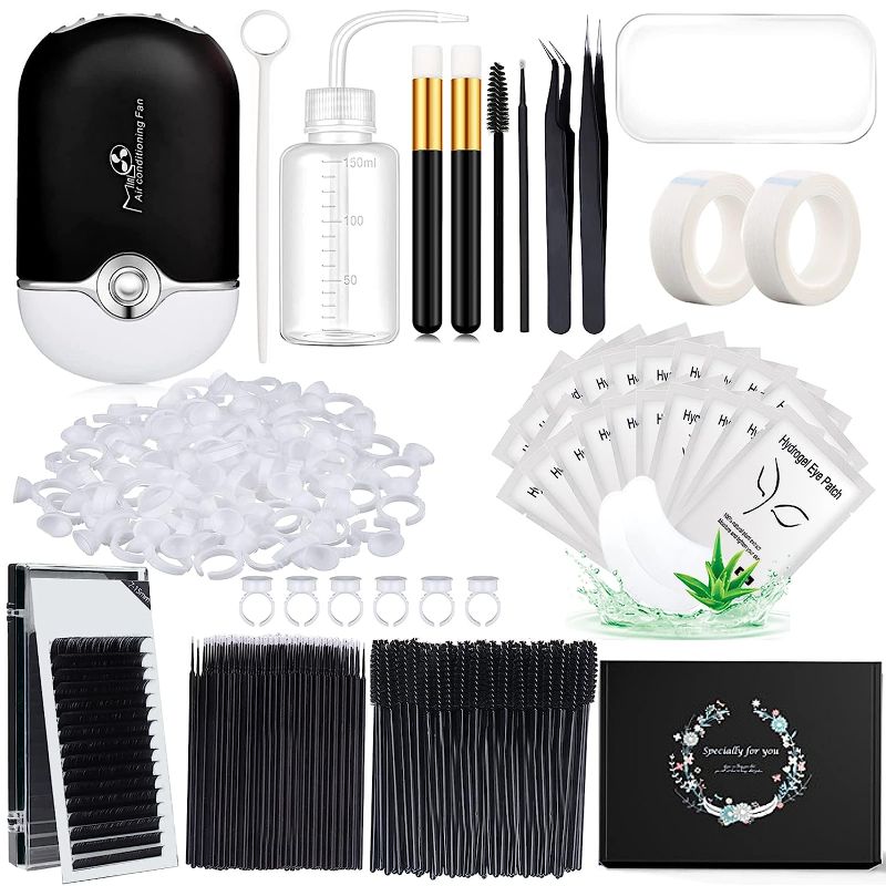 Photo 1 of Eyelash Extension Supplies Lash Extension Kit for Beginner USB Lash Fan 0.07D Curl Mix 7-15mm Lash Silicone Pad Tweezers Under Eye Gel Pad Micro Brush Wash Bottle Mascara Brush Glue Ring (Black)
