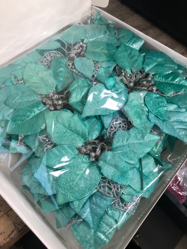 Photo 2 of 20 Set 8.7" Wide 3 Layers Christmas Teal Glitter Poinsettia Flowers Picks Christmas Tree Ornaments for Teal Christmas Tree Wreath Garland Seasonal Holiday Navidad Wedding Decorations Gift Box Included