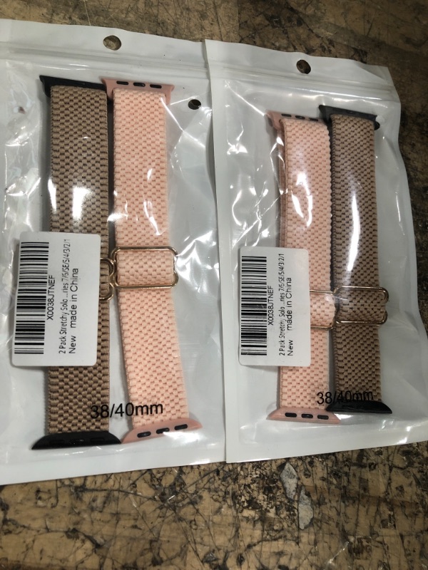 Photo 2 of 2 Pack Stretchy Solo Loop Strap Compatible with Apple Watch Bands 38mm 40mm 41mm 42mm 44mm 45mm, Stretch Braided Sport Elastic Nylon Women Men Wristband Compatible for iWatch Series 7/6/SE/5/4/3/2/1 A2-Brown/Pink 38mm/40mm/41mm