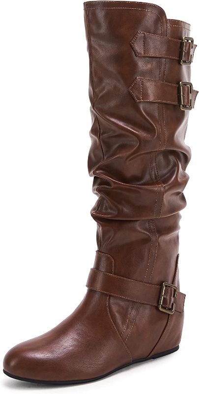 Photo 1 of Coutgo Womens Slouched Knee High Boots Wide Calf Pull On Buckle Flat Winter Boot Size 5.5