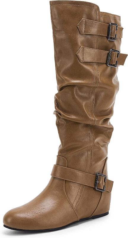 Photo 1 of Coutgo Womens Slouched Knee High Boots Wide Calf Pull On Buckle Flat Winter Boot Size 9
