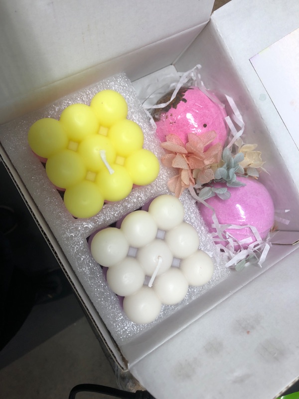 Photo 2 of Bubble Candle with Bath Bombs Set - 2 Bubble Candles with 2 Bath Bombs for Women - 2X Decorative Candles with 2X Bathbomb Gift Set - Cube Shaped Candles Aesthetic Decor, Pink & Purple