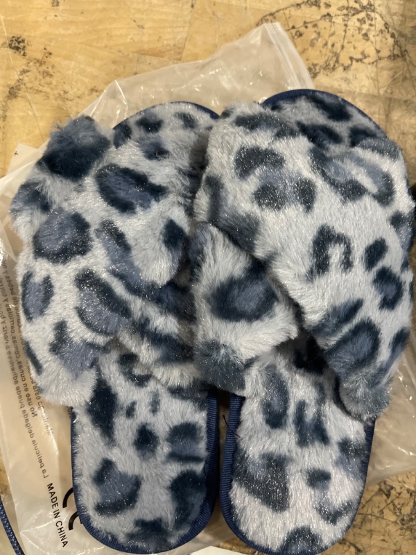 Photo 2 of Fuzzy Slippers for Women, Cross Band Faux Furry Slippers Warm Slide Flat House Slippers Sandals Leopard Plush Open Toe Home Slippers 5-6 Leopard Blue