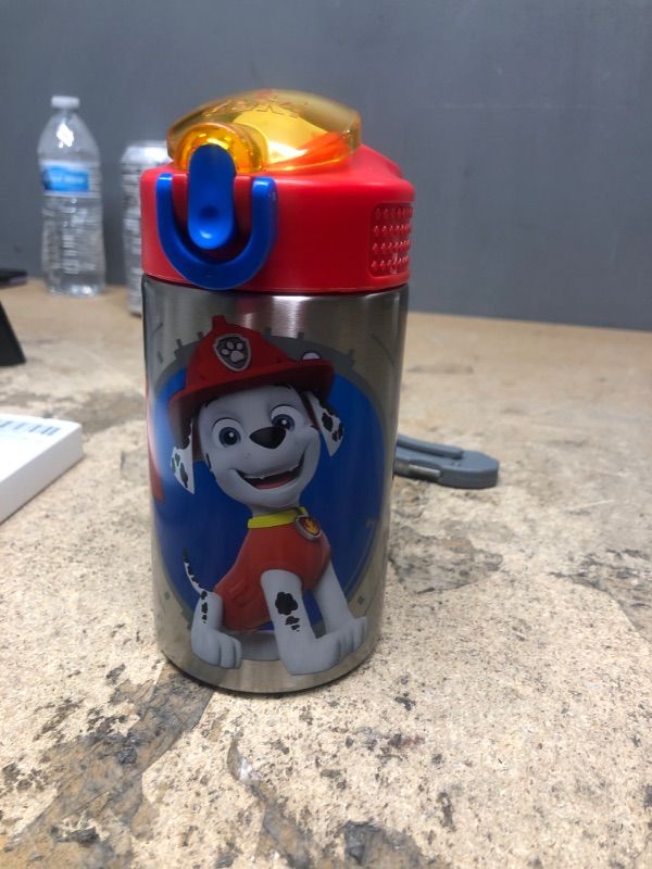 Photo 3 of 
Zak Designs 18/8 Stainless Steel Kids Water Bottle with Flip-up Straw Locking Spout Cover, Durable Cup for Sports or Travel (15.5oz, Paw Patrol Marshall)...