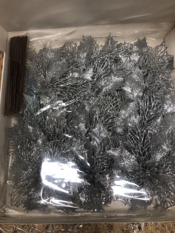 Photo 2 of 24 Pcs Christmas Silver Glittered Mesh Holly Leaf Artificial Poinsettia Flowers Picks Tree Ornaments 5.9" W for Silver Christmas Tree Wreath Garland Floral Gift Winter Wedding Holiday Decoration