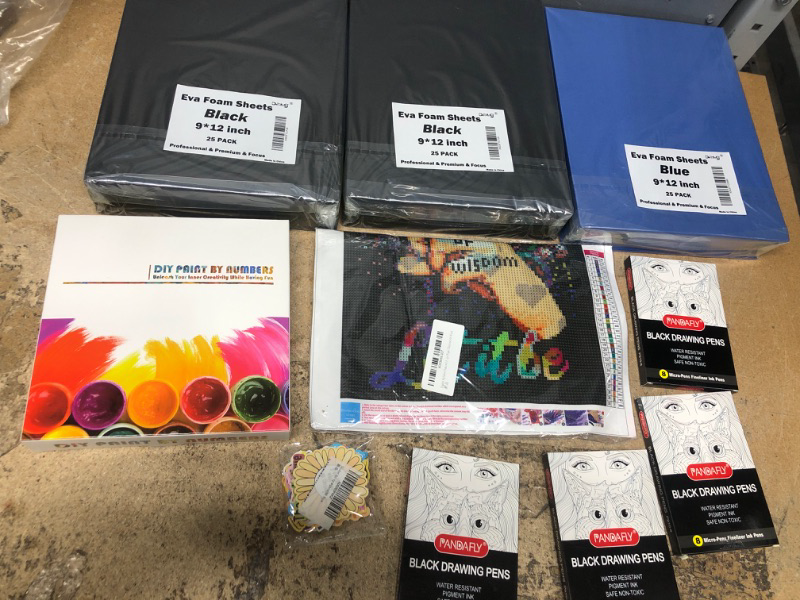 Photo 1 of 10 Item Art Bundle- Paint by numbers, Diamond art, foam sheets, stickers, black drawing pens 