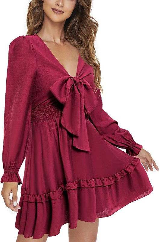 Photo 1 of ALILING Women's Floral Mini Dresses Long Sleeve Ruffle Swing V Neck Front Knot Casual Skater Dress Large
