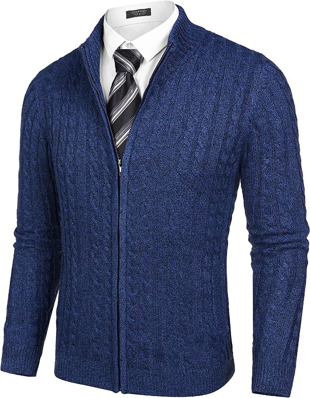 Photo 1 of  Men's Full Zip Cardigan Sweater Slim Fit Cable Knitted Zip Up Sweater with Pockets Large 
