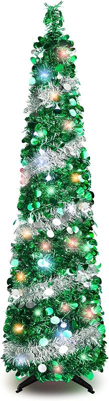 Photo 1 of 2 Item Bundle- Pop Up Christmas Tree, 5FT Collapsible Artificial Christmas Tree with 50 LED Lights, Tinsel Small Pencil Christmas Tree for Home Holiday Fireplace Party Indoor Outdoor Xmas Decorations (Green&Silver)
AND
Jinei 16 Pieces Christmas Ball Hangi