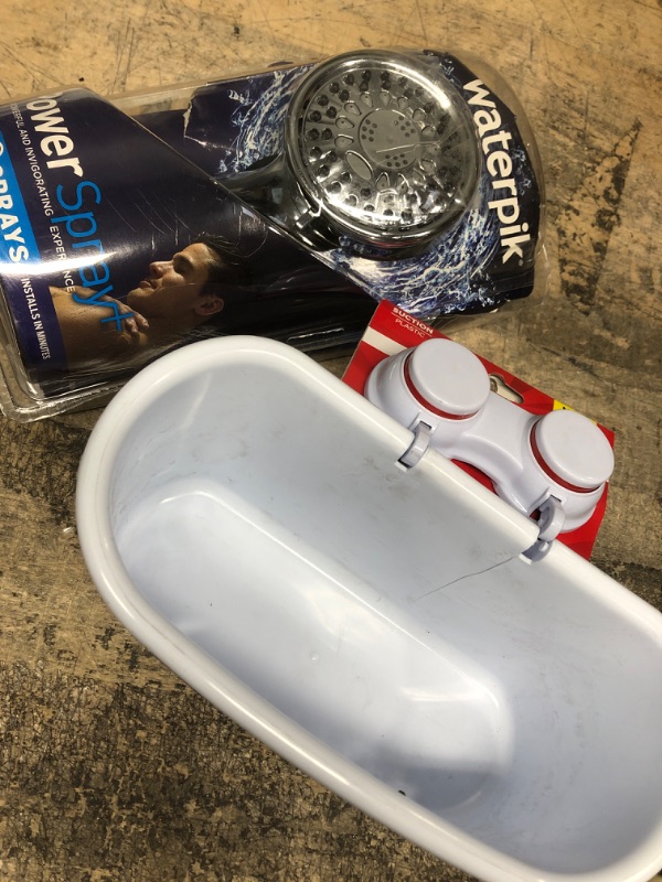 Photo 1 of 5-Spray 3.5 in. Single Wall Mount 1.8 GPM Handheld Shower Head in Chrome
& 
Suction Shower and Bath Basket in White
