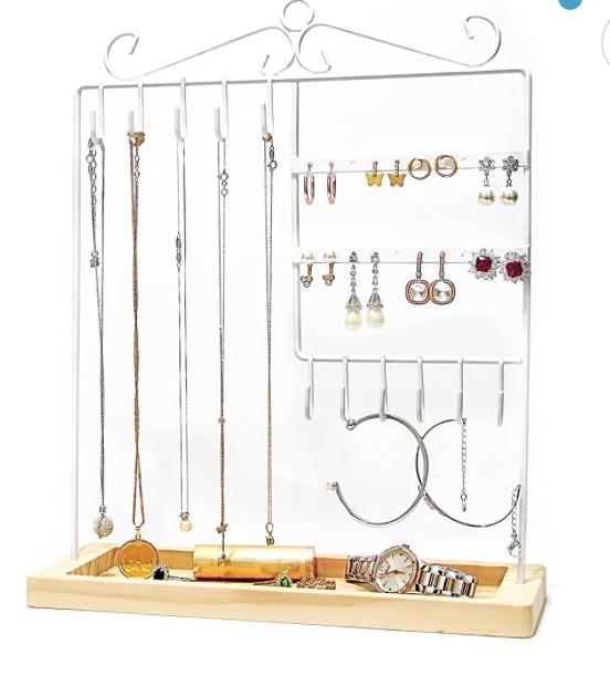 Photo 1 of 5-tier Jewelry Organizer Stand With Wooden Tray, 20 Earring Holes, 11 Hooks for Necklaces & Bracelets, Storage for Rings, Watches & Cosmetics, Gift for Her, White