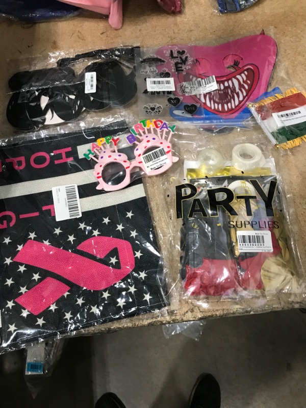 Photo 1 of **Bundled Items**
- (2) Breast Cancer Garden Flag American Thin Pink line 12x18 in
- Black Glitter Hocus Pocus Banner
- Hying Valentines Love Words Clear Stamps for Card Making
-Italy Flag Indoor/Outdoor Decal Hanging 3x4 in
- Happy Birthday Glasses
- Hal