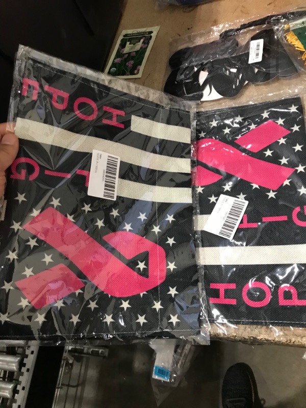 Photo 2 of **Bundled Items**
- (2) Breast Cancer Garden Flag American Thin Pink line 12x18 in
- Black Glitter Hocus Pocus Banner
- Hying Valentines Love Words Clear Stamps for Card Making
-Italy Flag Indoor/Outdoor Decal Hanging 3x4 in
- Happy Birthday Glasses
- Hal