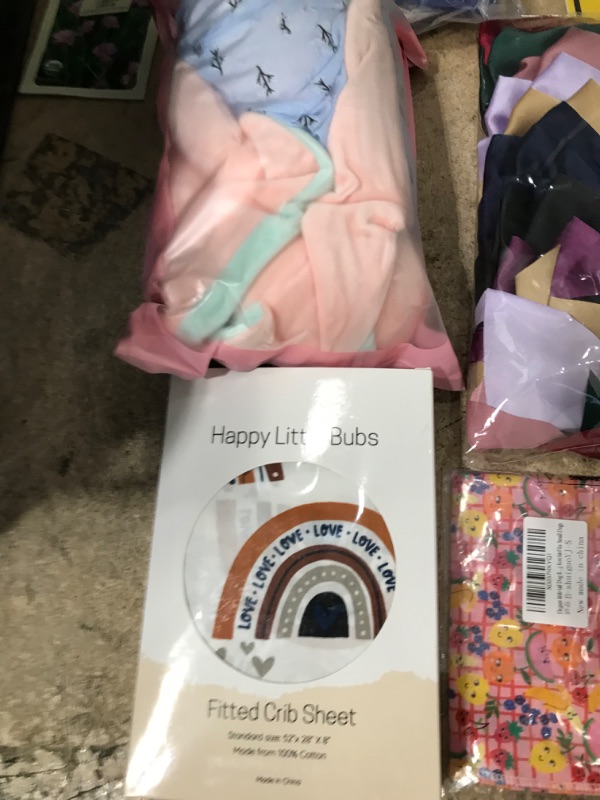 Photo 1 of **Bundled Items**
-Happy Little Bubs Fitted Crib Sheet 52" x 28 " x 8"
-Liaoli Bunny Stuffed Animal Small Ear rabbit Plush toy
-8 Pcs Big Satin Hair Bows for Women
-Baby on Board Decals 4 Pack 5x5 in
- Myfav Christmas Pajamas Set 5y
-Acrylic Retirement Gi