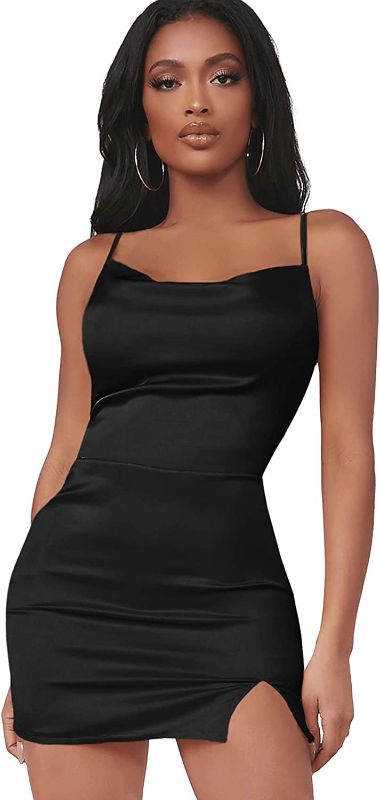 Photo 1 of  Women's Split Hem Cowl Neck Spaghetti Strap Satin Cami Bodycon Dress Size Small 