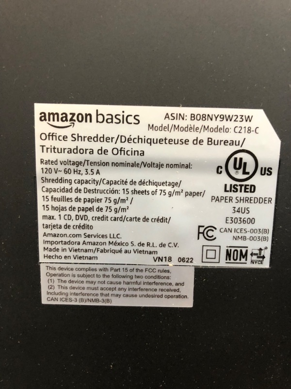 Photo 2 of Amazon Basics 15-Sheet Cross Cut Paper Shredder and Credit Card CD Shredder with 6 Gallon Bin
