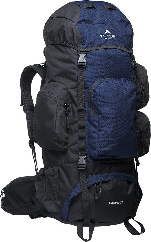 Photo 1 of  ETON Sports Explorer Backpack Full Internal Frame - Adjustable Backpacking Travel Gear - Water-Repellant Rainfly Cover, Sleeping Bag & 3-Liter Hydration Bladder Pack Storage - Ocean, 75L