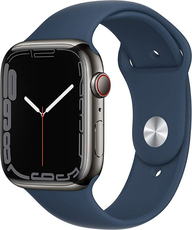 Photo 1 of *APPLE WATCH SERIES 7 [GPS + CELLULAR 45MM] SMART WATCH W/ GRAPHITE STAINLESS STEEL CASE WITH ABYSS BLUE SPORT BAND. FITNESS TRACKER, BLOOD OXYGEN & ECG APPS, ALWAYS-ON RETINA DISPLAY, WATER RESISTANT