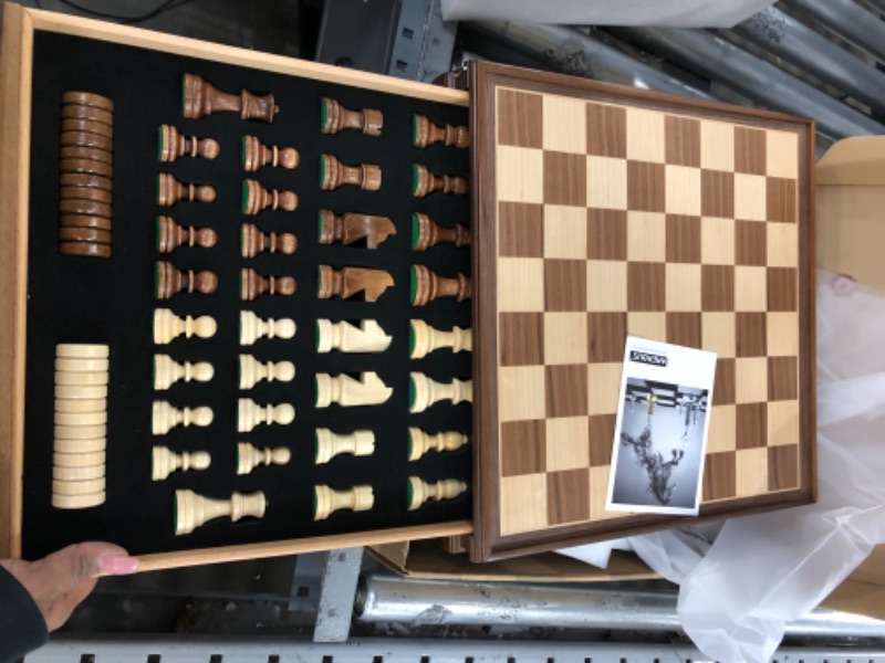 Photo 1 of AMEROUS 15" x 15" Wooden Chess & Checkers Set with Built-in Storage Drawers / Weighted Chess Pieces / 2 Bonus Extra Queens / 24 Cherkers Pieces / Classic 2in1 Board Games Chess Sets for Kids, Adults