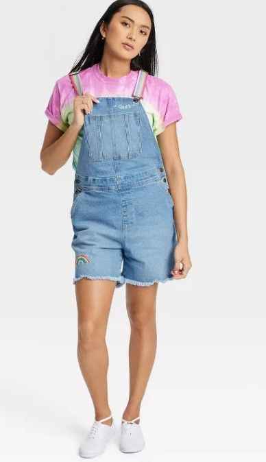 Photo 1 of Pride Adult Rainbow Shortalls - Light Wash Large 

