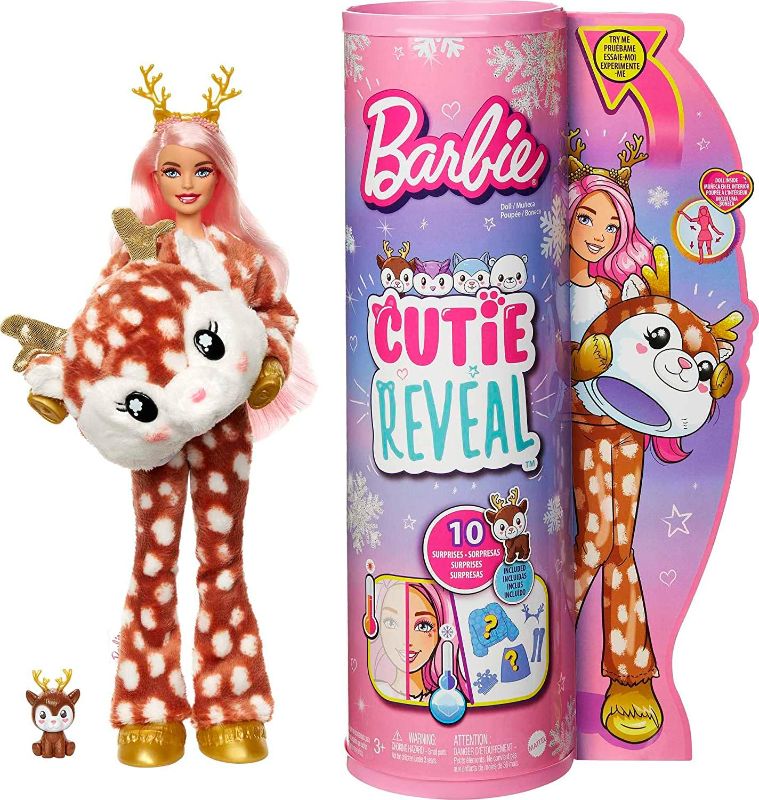 Photo 1 of Barbie Doll, Cutie Reveal Deer Plush Doll with 10 Surprises, Mini Pet, Color Change and Accessories, Snowflke Sparkle
