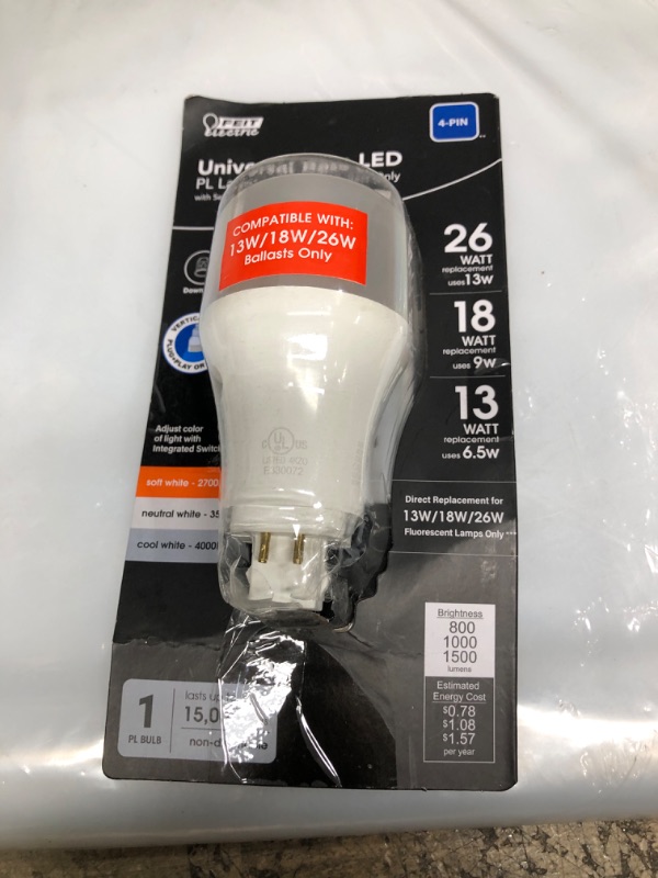 Photo 2 of 13-Watt/18-Watt/26-Watt Equivalent PL Vertical 4-Pin Universal Color Select (2700K,3500K,4100K) LED Light Bulb (1-Bulb)017801809923
