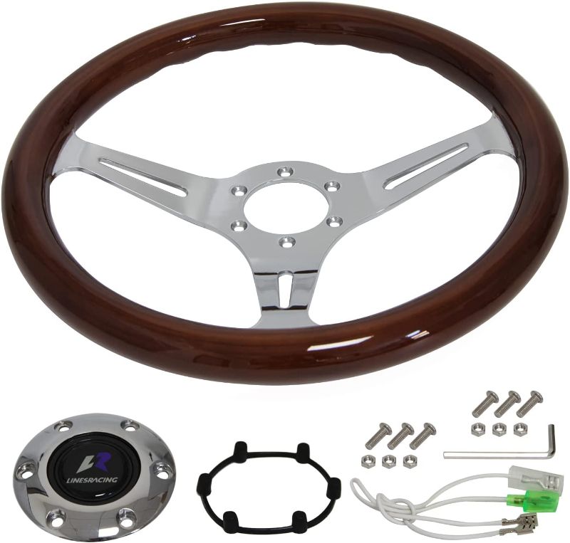 Photo 1 of 14" 350mm Wood Steering Wheel 6 Bolts 1.75" Dish Chrome Spoke W/ Horn Universal
