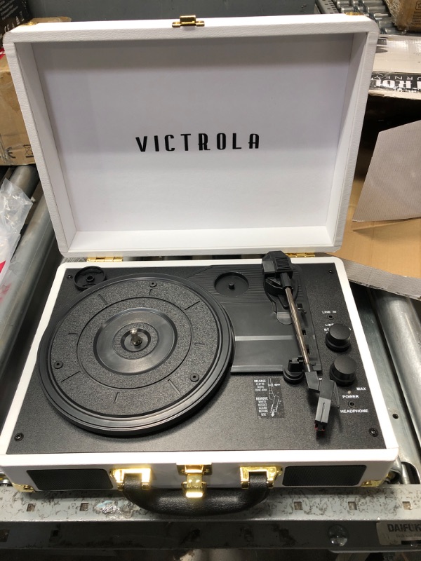 Photo 3 of Victrola Vintage 3-Speed Bluetooth Portable Suitcase Record Player with Built-in Speakers | Upgraded Turntable Audio Sound| White (VSC-550BT-WH) White Record Player