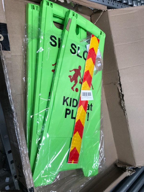 Photo 2 of Children at Play Safety Signs, 3 Pack Kids at Play Signs with Reflective Tape, Double-Sided Text and Graphics Easier to Identify, Kids at Play and Slow Down Signs for Street Neighborhoods Schools Park Sidewalk Driveway( Green) 3 Pack Green