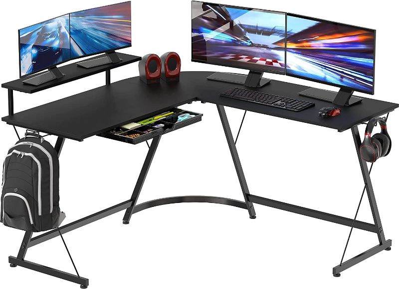 Photo 1 of SHW Vista L-Shape Desk with Monitor Stand, Black
