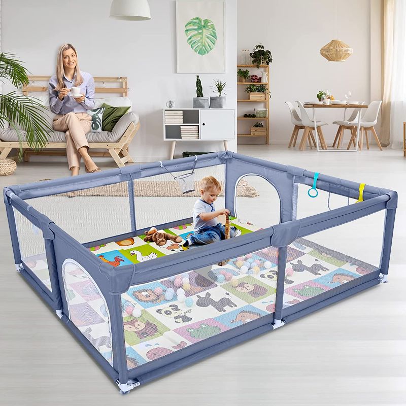 Photo 1 of Baby Playpen with Mat, 79”×71” Extra Large Playpen for Babies and Toddlers, Play Yard for Baby with Ocean Ball, No Gap Baby Fence Area with Breathable Mesh, Safety Baby Gate Playpen(Grey)