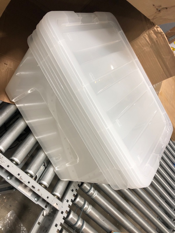Photo 2 of **3 ONLYMISSING ONE **IRIS USA 53 Qt. Plastic Storage Bin Container with Durable Lid and Secure Latching Buckles, 4-Pack, Sturdy Stackable and Nestable Organizer Tote with Pull Handle for Easy Access and Storage, Clear 53 Qt. - 4 Pack Clear
