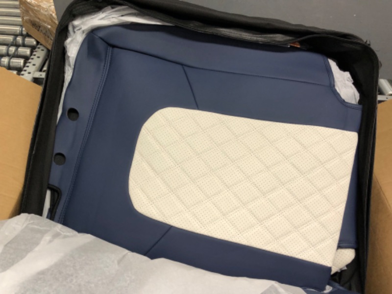 Photo 1 of SuperVibe Auto Full Coverage Faux Leather Custom Car Seat Covers Fit for 2020 2021 Tesla Model Y (Blue & White) Blue & White Model Y