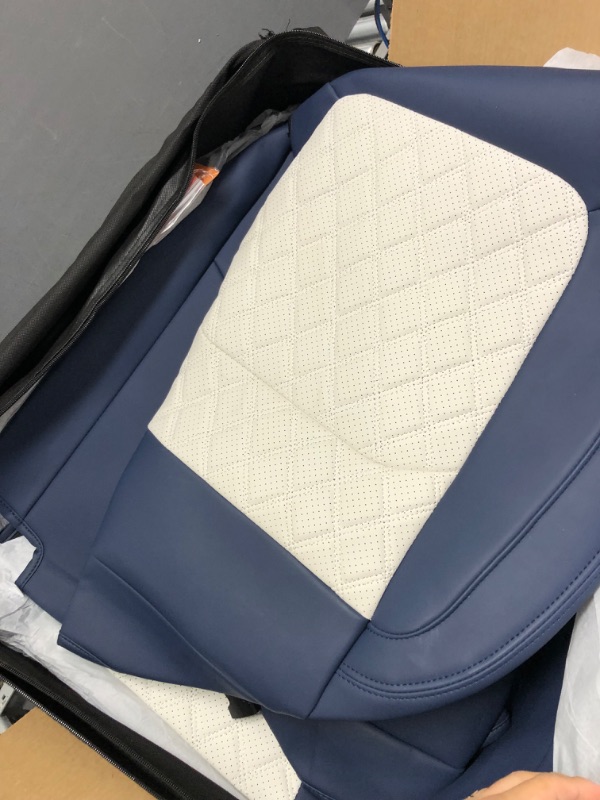 Photo 3 of SuperVibe Auto Full Coverage Faux Leather Custom Car Seat Covers Fit for 2020 2021 Tesla Model Y (Blue & White) Blue & White Model Y