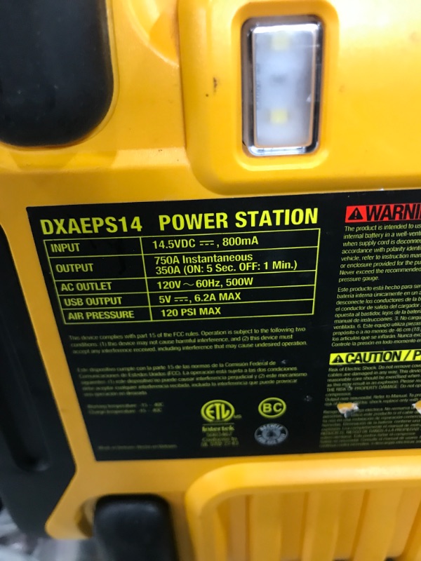 Photo 3 of DEWALT DXAEPS14 1600 Peak Battery Amp 12V Automotive Jump Starter/Power Station with 500 Watt AC Power Inverter, 120 PSI Digital Compressor, and USB Power , Yellow