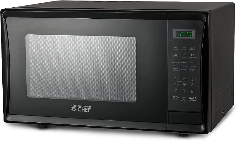 Photo 1 of COMMERCIAL CHEF Small Microwave 1.1 Cu. Ft. Countertop Microwave with Digital Display, Black Microwave & 10 Power Levels, Outstanding Portable Microwave with Convenient Push Button Door
