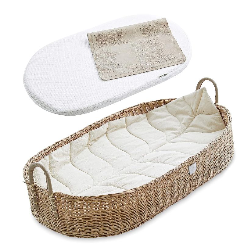 Photo 1 of BEBE BASK Premium Baby Changing Basket - Handmade Natural Rattan Moses Basket - Luxury Leaf Liner - Thick & Waterproof Bamboo Pad - Vegan Leather Baby...
