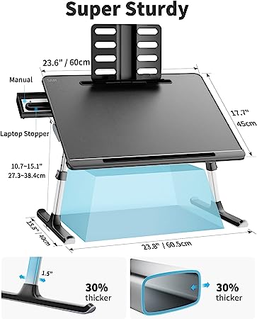 Photo 1 of Laptop Bed Tray Table, SAIJI Adjustable Bed Desk for Laptop, Lap Desk for Laptop, Extra Large Super Stable Foldable Laptop Stand with Drawer for Eating, Working, Writing, Gaming, Drawing(Black)
