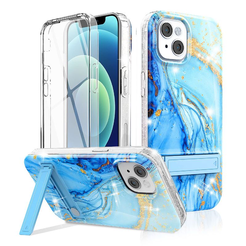 Photo 1 of Bocosy Marble with Adjustable Metal Kickstand [2-Way Stand] Shockproof Protective Cases with Built-in Screen Protector (Blue/Gold Glitter).iPhone 13 Case