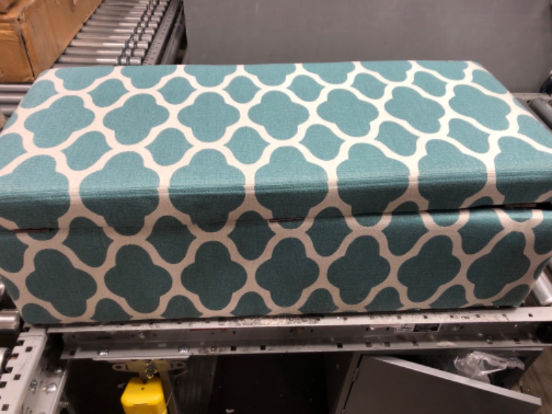 Photo 1 of HomePop Large Upholstered Rectangular Storage Ottoman Bench with Hinged Lid, Teal Blue Geometric Geo Teal Bench