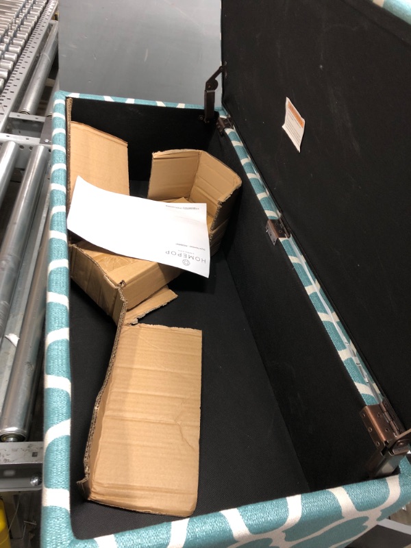 Photo 1 of HomePop Large Upholstered Rectangular Storage Ottoman Bench with Hinged Lid, Teal Blue Geometric Geo Teal Bench