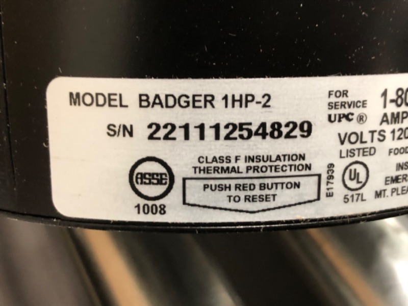 Photo 1 of InSinkErator Garbage Disposal, Badger 1 HP, Power Series, 1 HP Continuous Feed