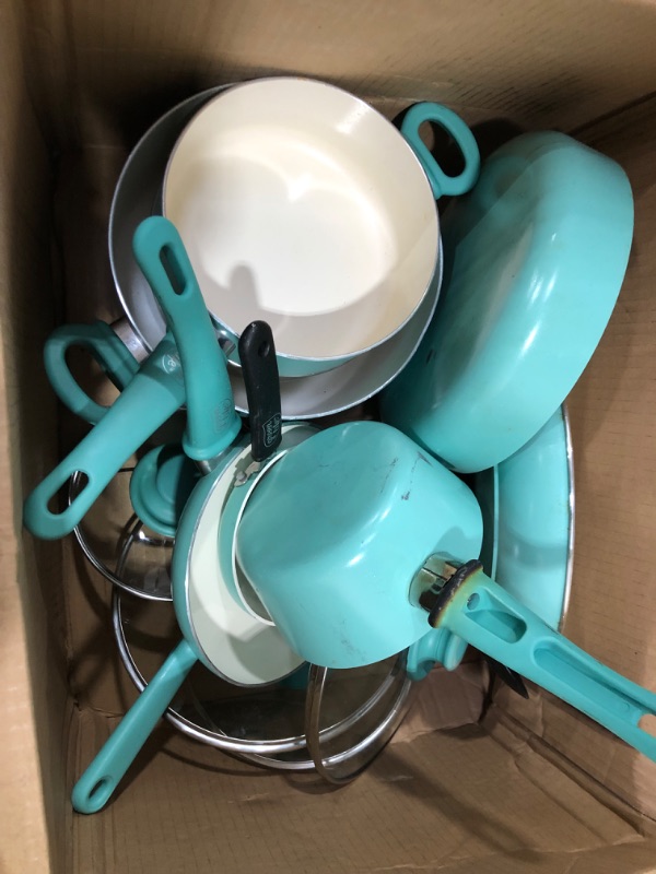Photo 2 of **cookware only**
**used item & needs cleaning**
Greenlife Soft Grip 16pc Ceramic Non-Stick Cookware Set, Turquoise
