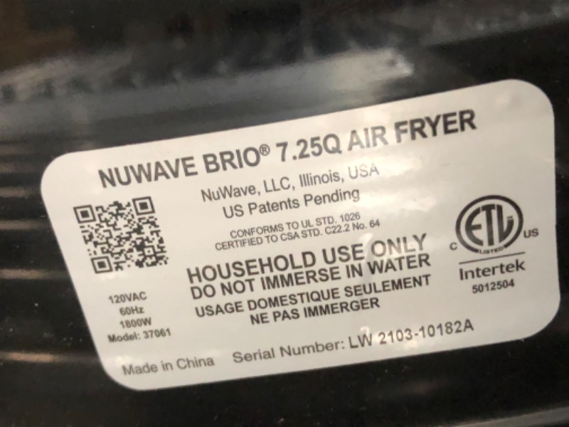 Photo 6 of **used item**
Nu Wave Brio 7-in-1 Air Fryer Oven, 7.25-Qt with One-Touch Digital Controls, 50°- 400°F Temperature Controls in 5° Increments, Linear Thermal (Linear T) for Perfect Results, Black 7.25QT Brio